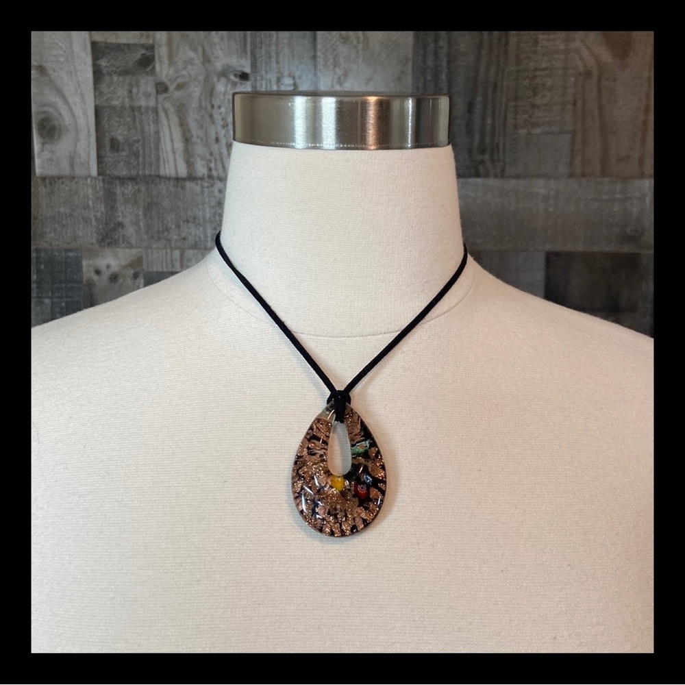 Teardrop pendant necklace artisan metallic copper floral resin festival boho